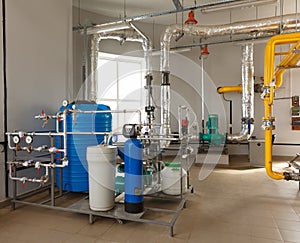 Interior gas boiler house with a water treatment system, with ma