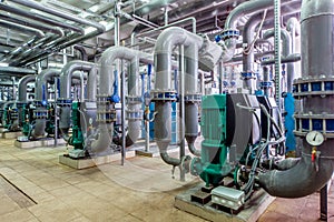 Interior gas boiler room with multiple pipelines and pumps;