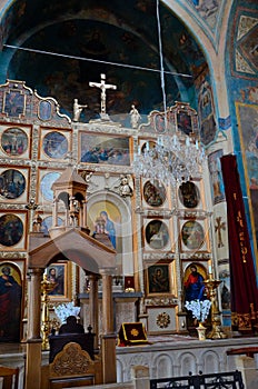 Interior Georgian orthodox Christian church with paintings icons Tbilisi Georgia