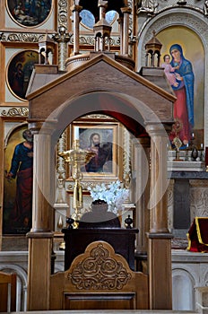 Interior Georgian orthodox Christian church with paintings icons Tbilisi Georgia