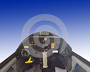 Interior of glider aircraft on blue sky