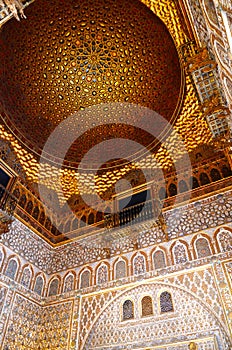 Interior: Golden Dome of the Ambassadors room in Alcazar, Seville, Spain.