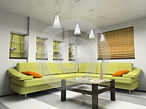 Interior with green sofa and bamboo jalousie photo