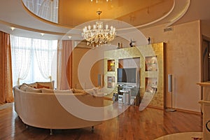 Interior of a guest room in pastel tones with furn