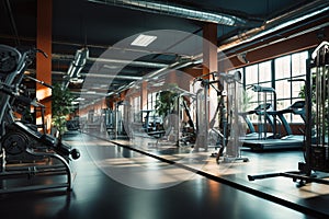 The interior of a gym adorned with a variety of fitness equipment
