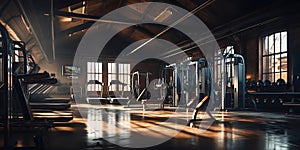 Interior of a gym with fitness equipment. 3d rendering