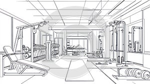 Gym Interior Sketch with Weight Machines, Dumbbells and Gym Equipment