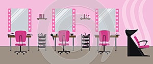 Interior of a hairdressing salon in a pink color. Beauty salon