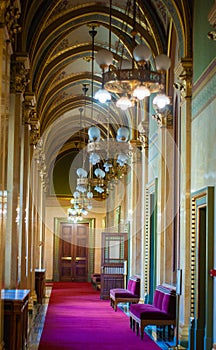 Interior halls and rooms of Parliament House in Budapest, Hungary are painted and decorated with gold leaf.