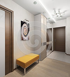 Interior hallway with doors and a stool with upholstered seat