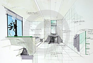 Interior hand drawn perspetive of bathroom