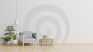 The interior has a armchair on empty white wall background