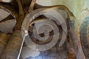 Interior of Hermitage of San Baudelio de Berlanga with remains of antique frescoes