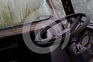 Interior of a hippie old van abandoned