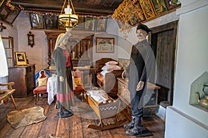 Interior of a historic hut in an open-air museum