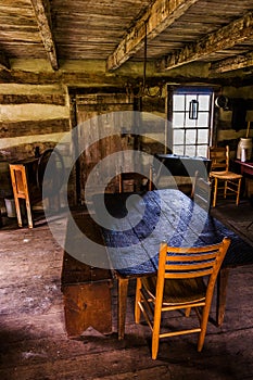 Interior of a historic log cabin in Sky Meadows State Park, VA