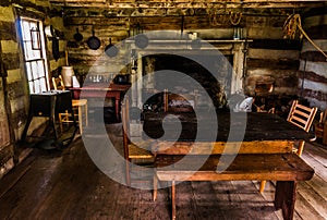 Interior of a historic log cabin in Sky Meadows State Park, VA