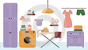 Interior of a home laundry in flat doodle style. Wardrobe, washing machine, ironing board, iron, clothes hanger, laundry