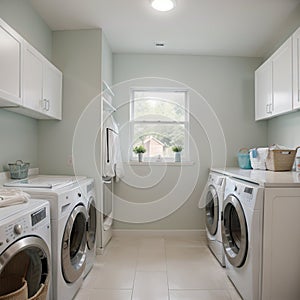 Interior of home laundry room with modern washing machine