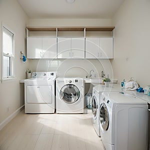 Interior of home laundry room with modern washing machine