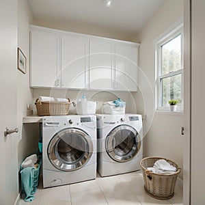 Interior of home laundry room with modern washing machine