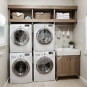 Interior of home laundry room with modern washing machine