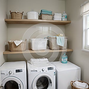 Interior of home laundry room with modern washing machine