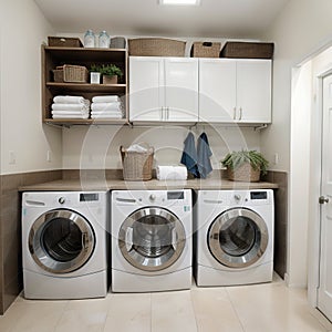 Interior of home laundry room with modern washing machine