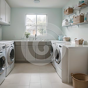 Interior of home laundry room with modern washing machine