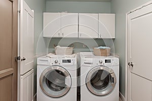 Interior of home laundry room with modern washing machine