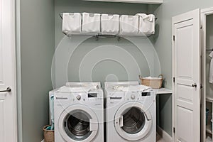 Interior of home laundry room with modern washing machine