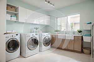 Interior of home laundry room with modern washing machine