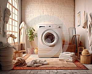 Interior of home laundry room with modern washing machine, AI Generated