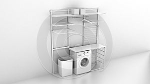 Interior of home laundry with washing machine and empty shelves on a white wall background 3d