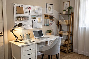 Interior of home office with pegboard workspace