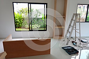 Interior home office renovation, furniture built in with plywood material installing