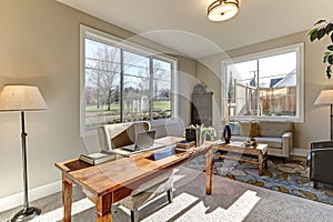 Interior of home office with soft gray walls