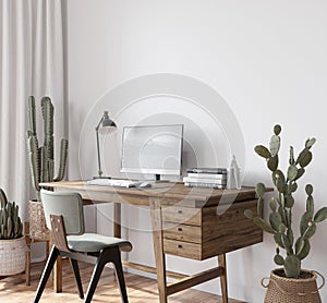 The interior of a home workplace or office in a modern style with big cactus