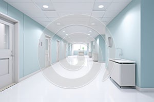 Interior of a hospital corridor with blue walls, white tiled floor and glass doors. 3d rendering, Empty modern hospital corridor