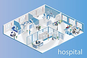 Interior of hospital room, pharmacy, doctor`s office, reception