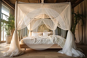 Interior of a hotel bedroom with a double bed and white curtains, A dreamy canopy bed draped with sheer fabric in a spacious