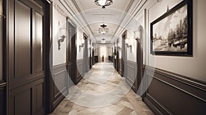 Interior of a hotel corridor with black walls and wood floor. Colonial, country style