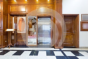 Interior of a hotel lobby with elevator