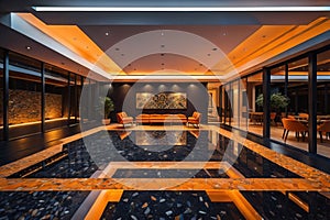 Interior of a hotel lobby with marble floor and colorful wall tiles. ai generative