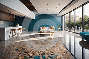 Interior of a hotel lobby with marble floor and colorful wall tiles. ai generative