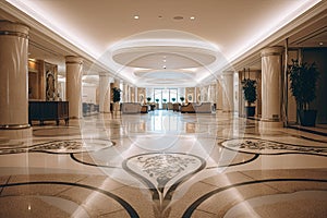 Interior of a hotel lobby with marble floor and white walls. A big and luxurious hotel lobby interior with beautiful chandeliers