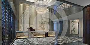 Interior of hotel reception hall 3D illustration
