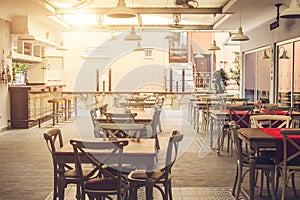 Interior of hotel restaurant. Empty hotel bar. Design of hotel dining room