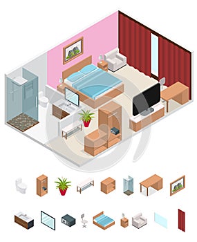 Interior Hotel Room Isometric View. Vector