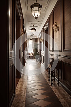 Interior of a hotel room with a long corridor. Colonial, country style